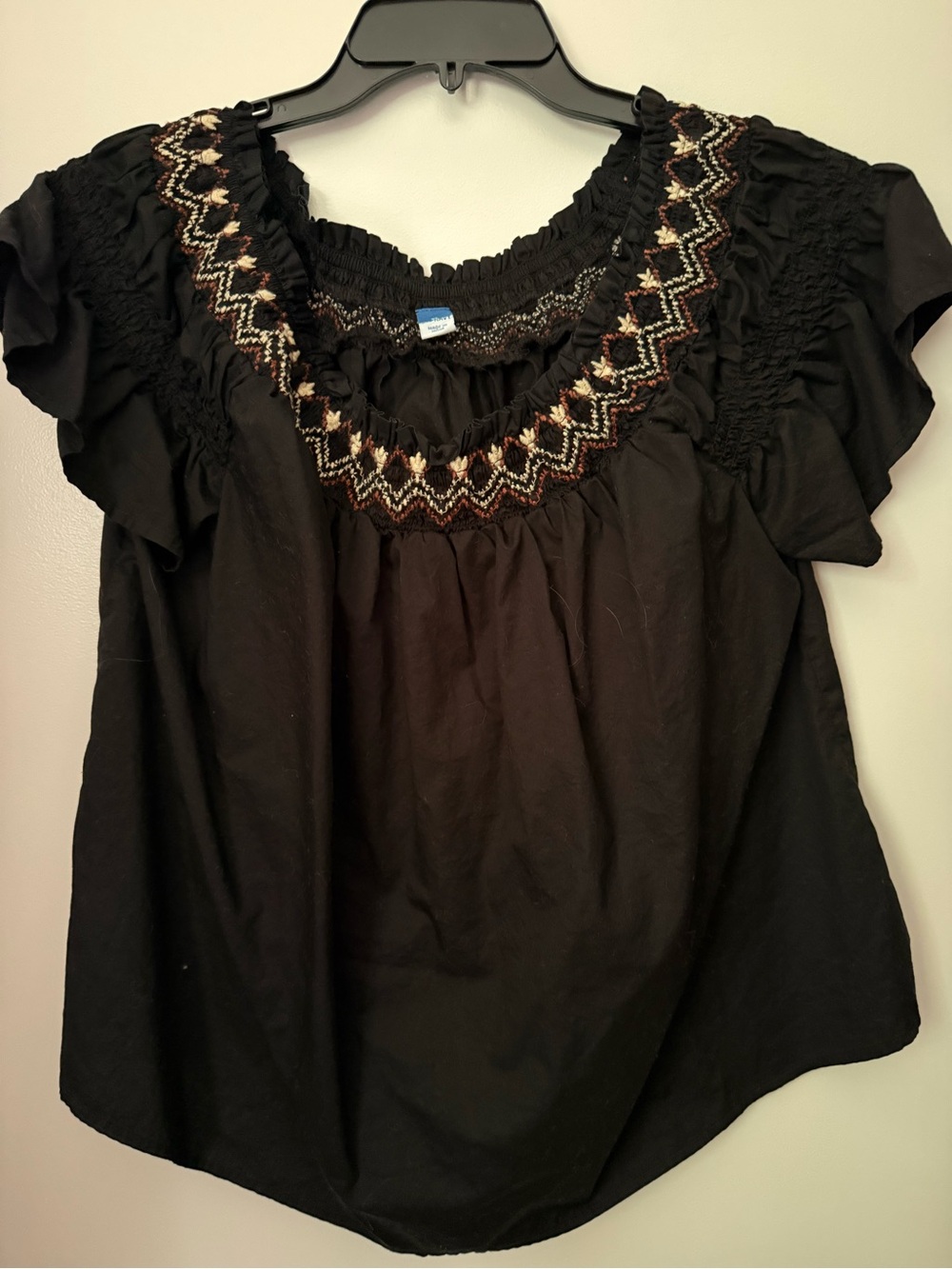 Old Navy Black Embroidered Square-Neck Flutter Sleeve Top